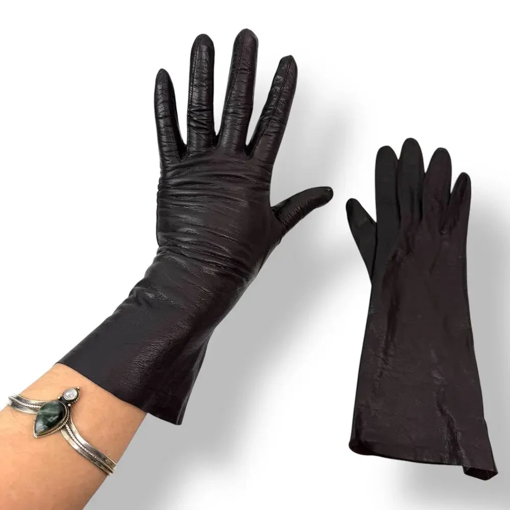 ❌SOLD❌1950's French designer black brown kid goat skin leather long gloves - Picture 1 of 14